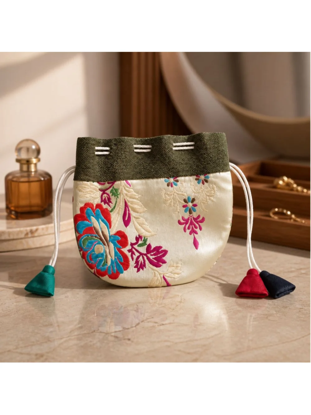 Handmade Tibetan Small Cosmetic Bag Beige Green Floral Tassels Festival Travel